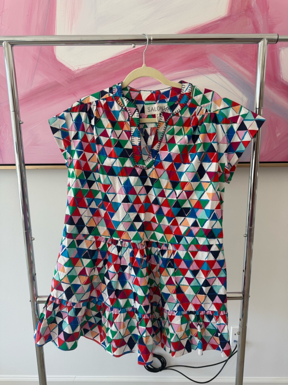 SALONI Multicolor Geometric Triangle Cotton Dress, size 0